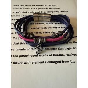 Leather Bracelet Multi Strand Purple Pink Cross Charm Charm Silver Tone 8.75”
